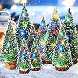 Amzeeniu Mini árbol de Navidad,9 Piezas Árboles de sisal Artificial áRbol de Nieve10/15/20 cm,y bases de madera y luces de cuerda de alambre de 1M/color Mini Adornos Árboles de Mesa Decoración Navidad